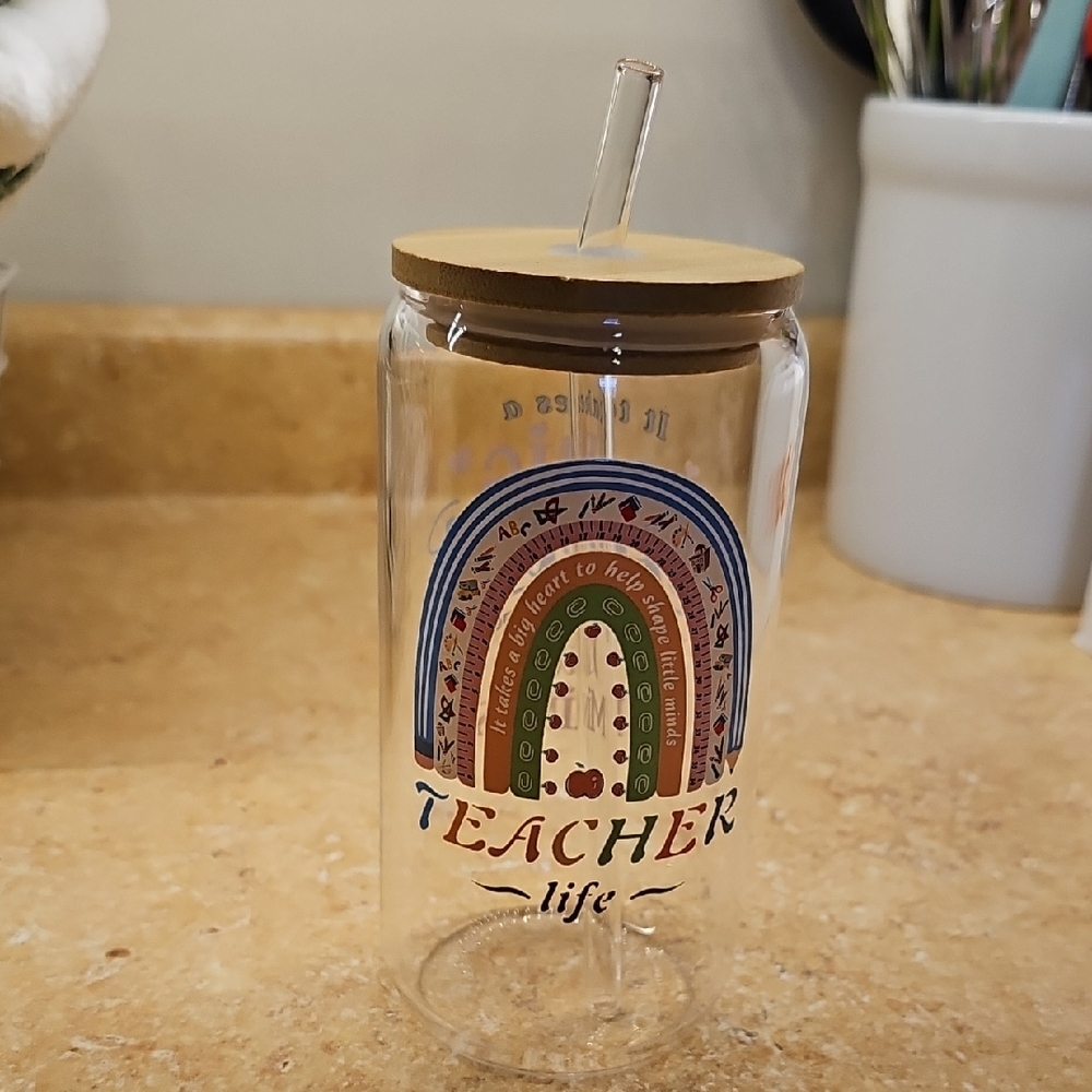 Teacher Life Glass Tumbler with Straw - Picture 1 of 2
